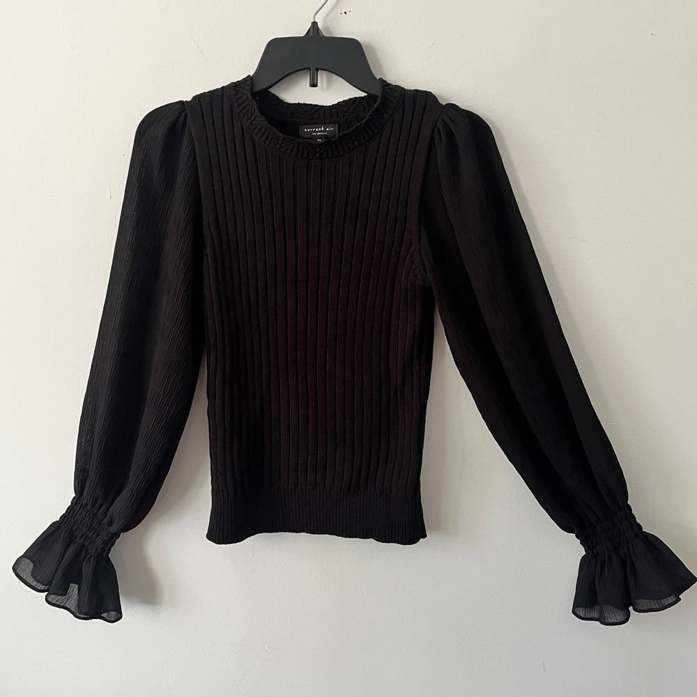 Current Air Black Ribbed Knit Mixed Media Ruffle Sleeve Sweater Top XS